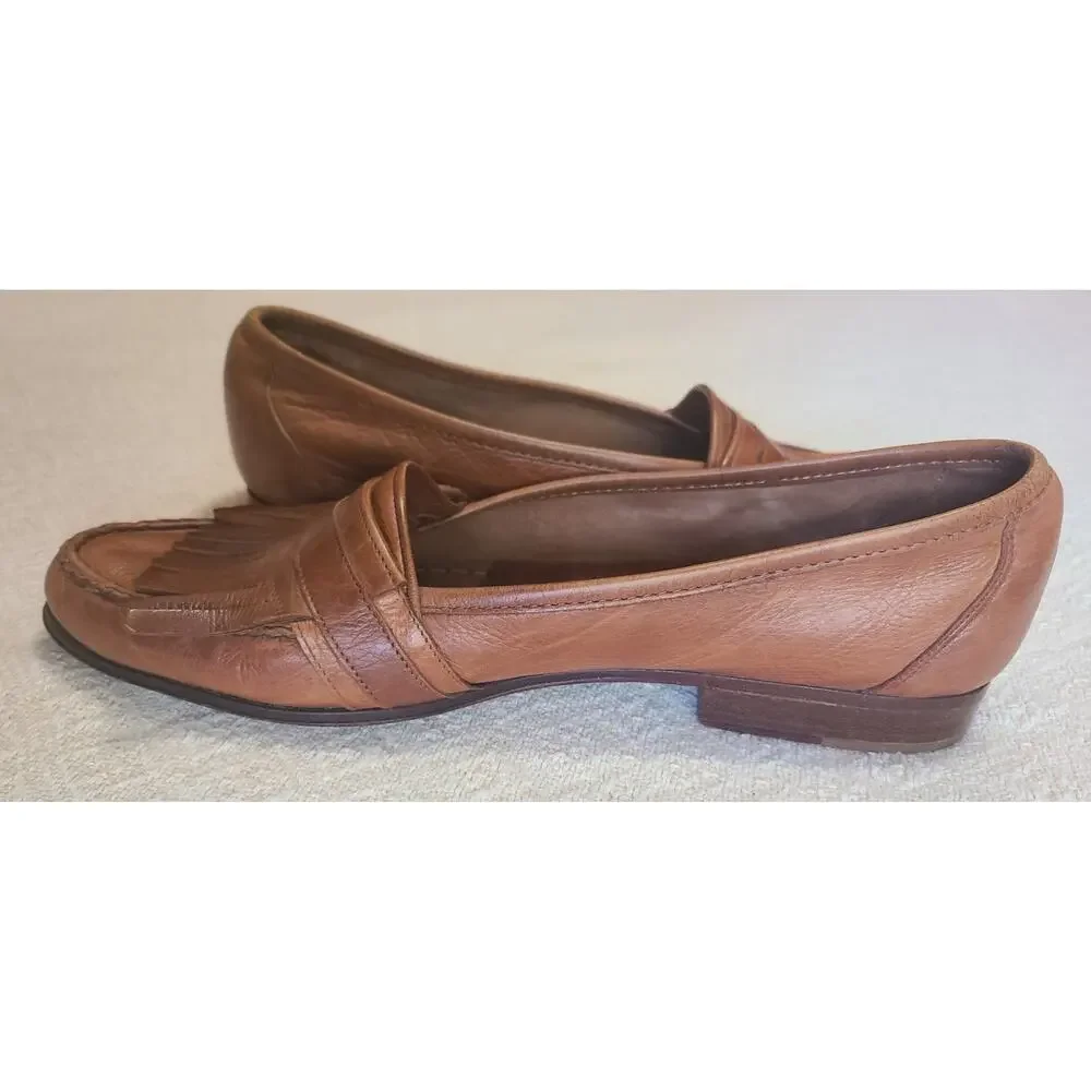 Cole Haan Tan Leather Kiltie Loafers with Gold Buckle Detail